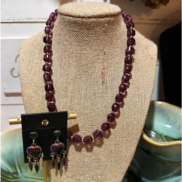 Vintage Purple Beaded Necklace & Matching Heart Dreamcatcher Earrings - Picture 1 of 4